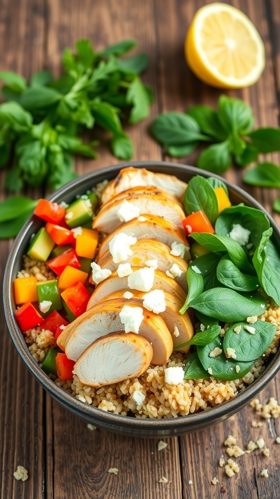 A colorful quinoa chicken protein bowl with grilled chicken, bell peppers, spinach, and feta cheese on a wooden table.